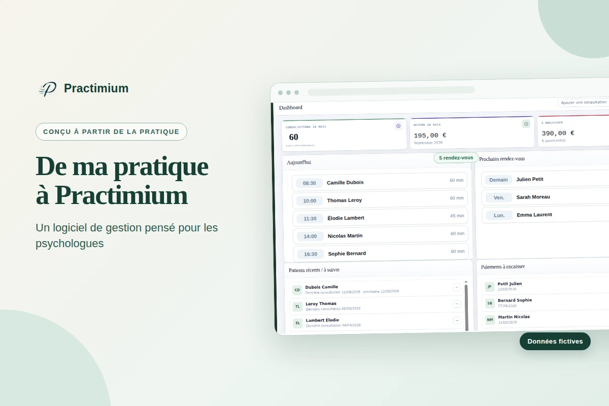 Aperçu de Practimium, logiciel de gestion conçu pour les psychologues